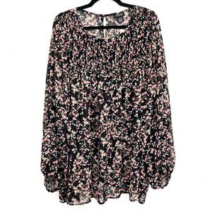 NWT Evans Black Sheer Swiss Dot Floral Balloon Sleeve Blouse 26/28 3X mc